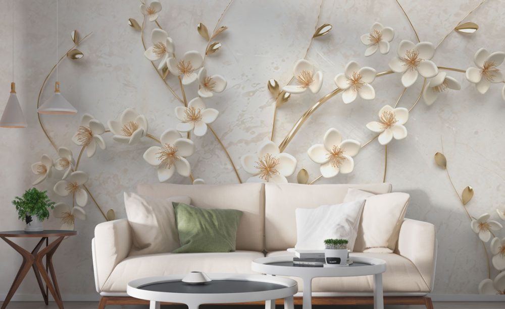 Altın Detaylı 3D Beyaz Çiçek Duvar Kağıdı