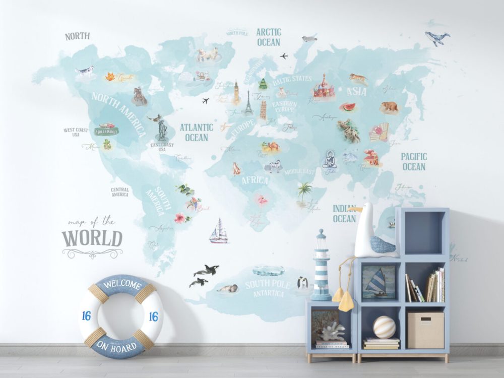 Turkuaz Hayvanlı Dünya Haritası Duvar Kağıdı