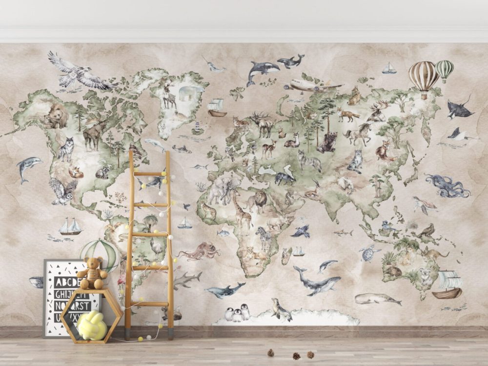 Krem Tonların'da Hayvanlı Dünya Harita 3D Duvar Kağıdı