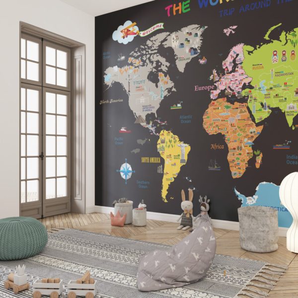 Koyu Zemin'li Ünlü Yapılar Çocuk Haritalı 3D Duvar Kağıdı