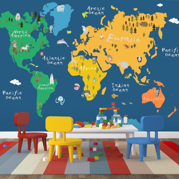 Mavi Zemin'li Hayvanlı Çocuk Haritası 3D Duvar Kağıdı