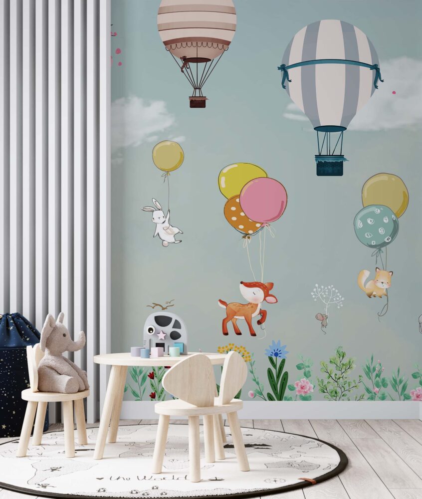 Soft Mavi Tonların'da Uçan Balonlu Hayvanlar 3D Duvar Kağıdı