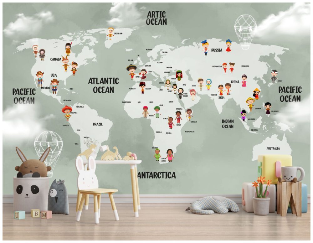 Yeşil Zeminli Çocuk Desenli Dünya Haritası 3D Duvar Kağıdı
