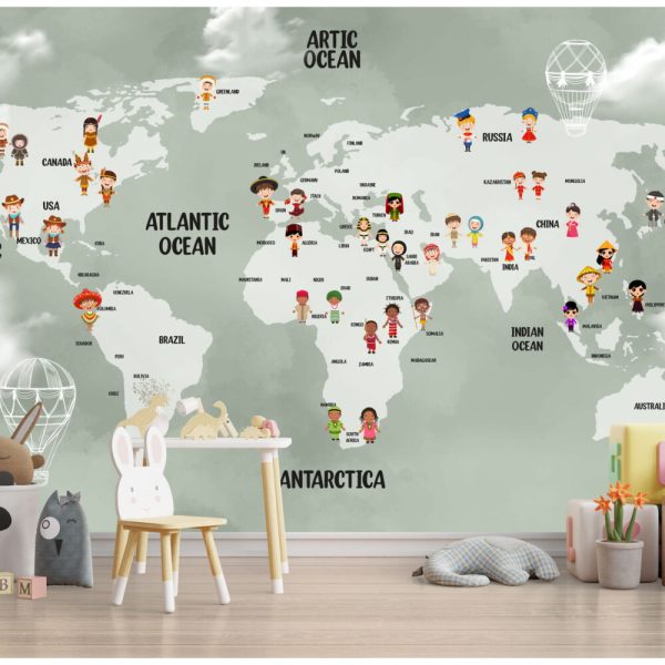 Yeşil Zeminli Çocuk Desenli Dünya Haritası 3D Duvar Kağıdı