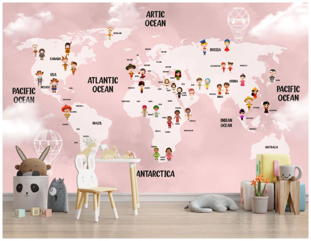 Pembe Zeminli Çocuk Desenli Dünya Haritası 3D Duvar Kağıdı
