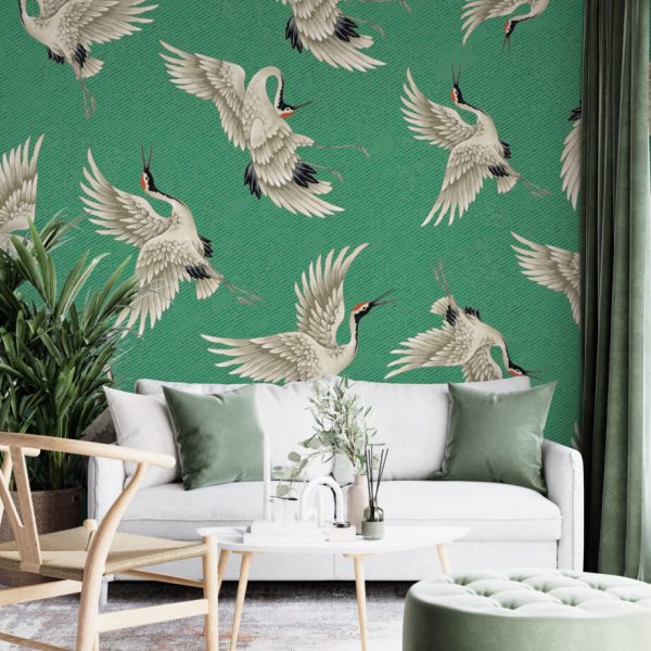Yeşil Zemin'li Uçan Kuşlar 3D Duvar Kağıdı
