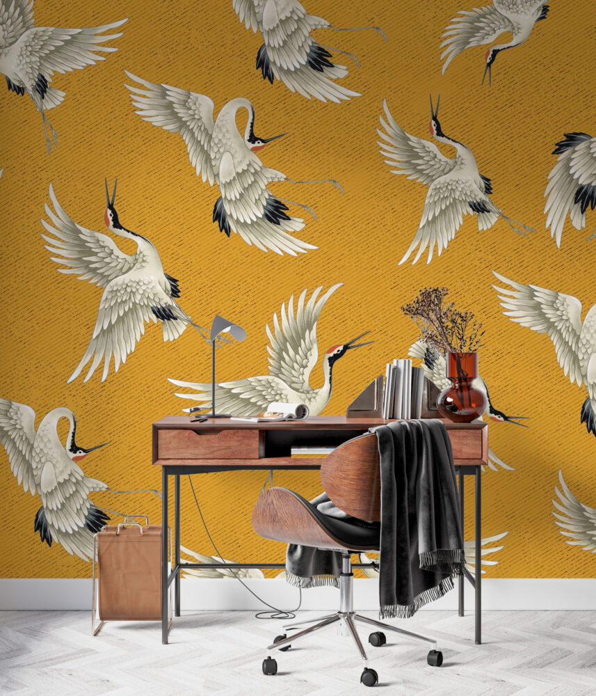 Sarı Zemin'li Uçan Kuşlar 3D Duvar Kağıdı