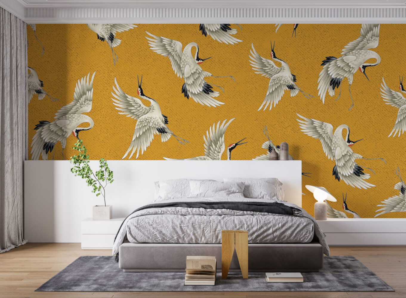 Sarı Zemin'li Uçan Kuşlar 3D Duvar Kağıdı