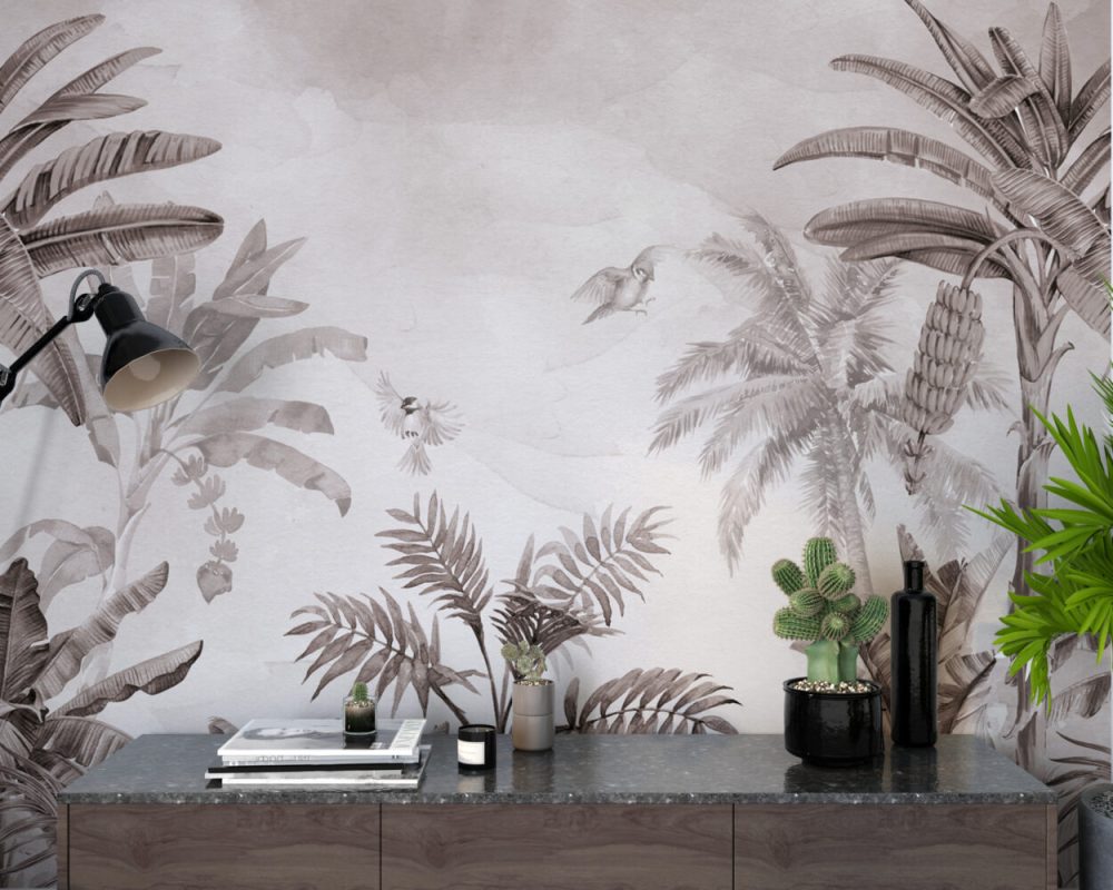 Siyah Beyaz Tropikal Ağaç Desenli Duvar Kağıdı