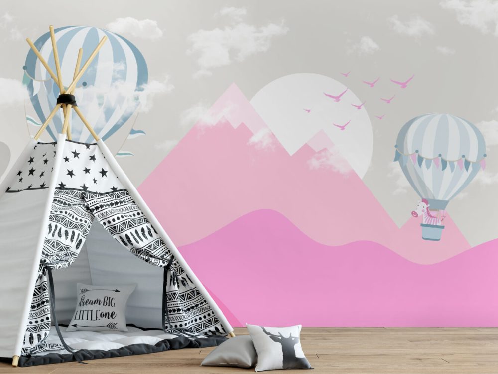 Uçan Balon Ve Soft Pembe Dağlar 3D Duvar Kağıdı