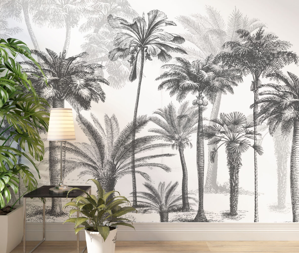 Siyah Beyaz Tropikal Ağaçlar Duvar Kağıdı