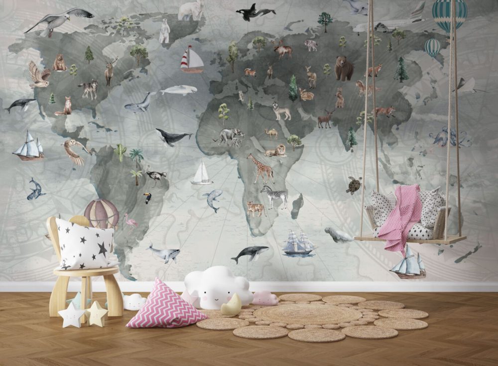 Hayvanlı ve Pusulalı Çocuk Dünya Haritası Duvar Kağıdı