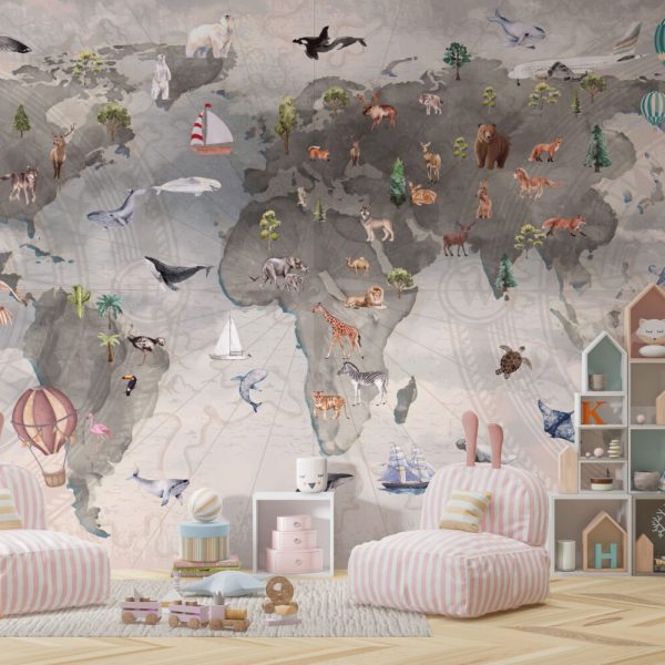 Hayvanlı ve Pusulalı Çocuk Dünya Haritası Duvar Kağıdı