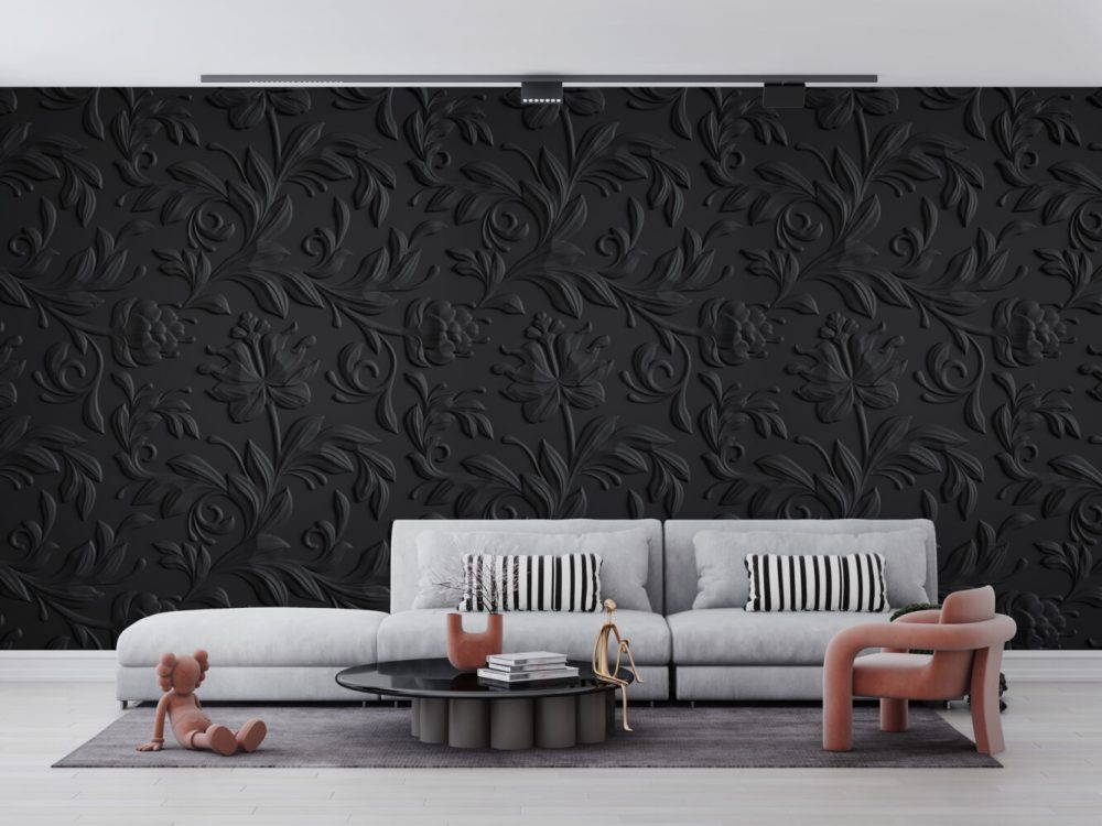 3D Siyah Çiçek Desenleri Duvar Kağıdı