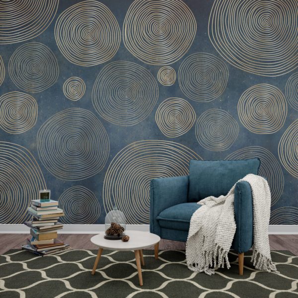 Mavi Zeminli Bej Tonlar'da Geometrik Stil Desen Duvar Kağıdı