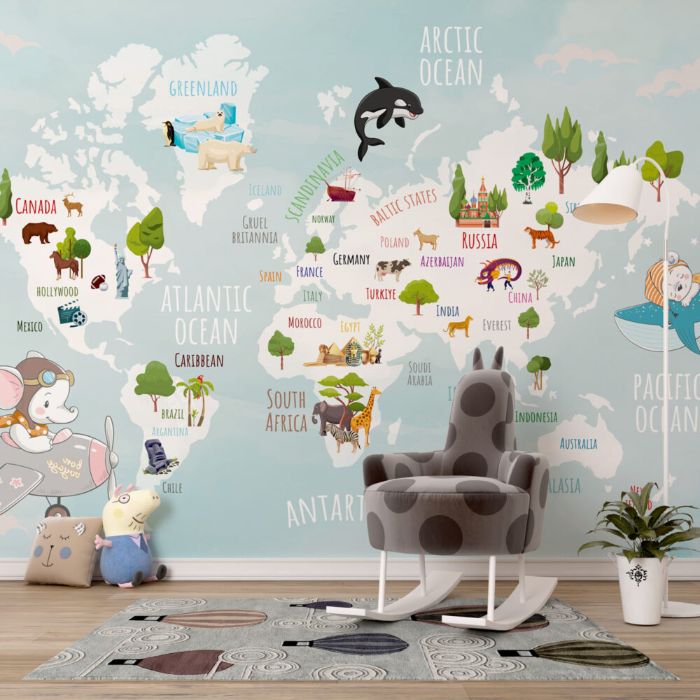 Turkuaz Zeminli Hayvanlı Çocuk Haritalı 3D Duvar Kağıdı