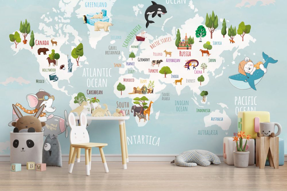 Turkuaz Zeminli Hayvanlı Çocuk Haritalı 3D Duvar Kağıdı