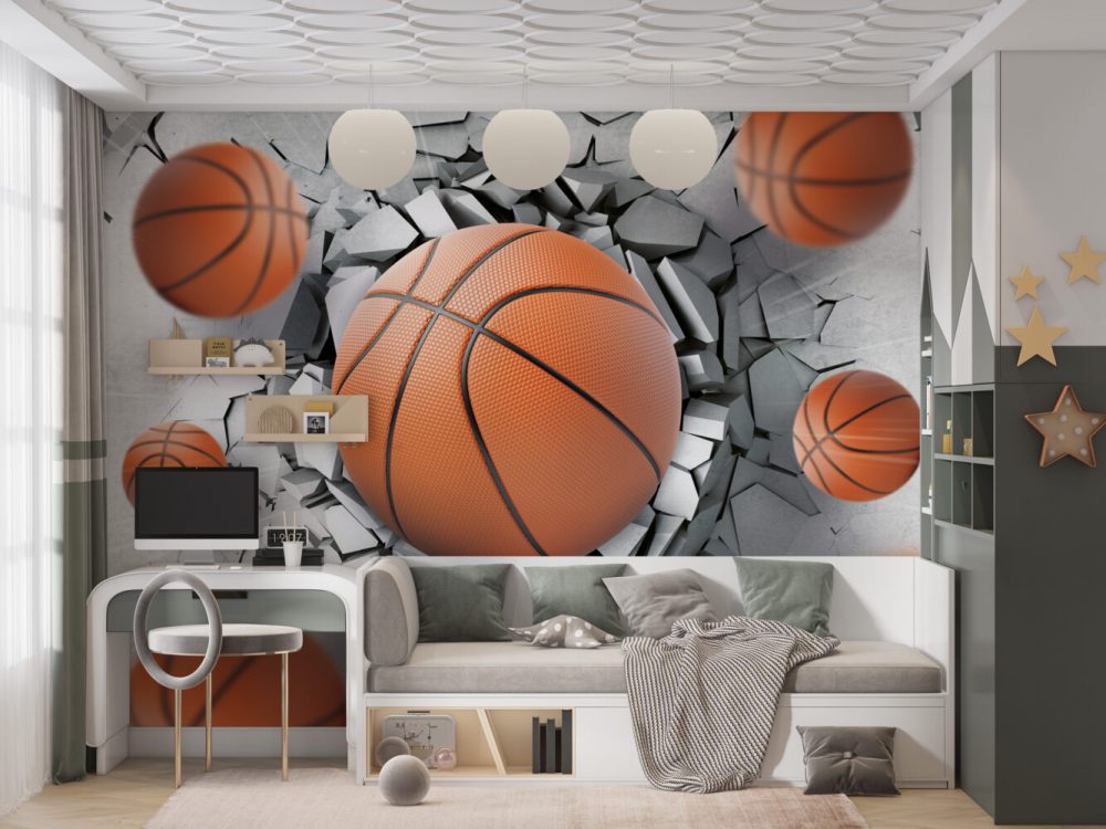 3D Duvar Kıran Basketbol Topları Duvar Kağıdı