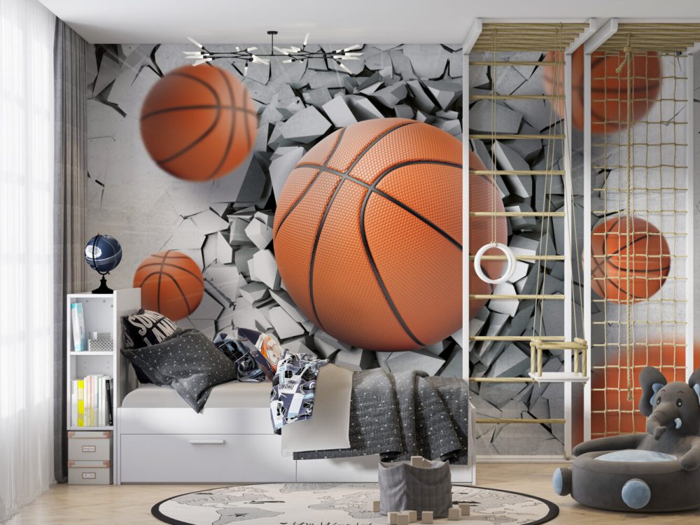 3D Duvar Kıran Basketbol Topları Duvar Kağıdı