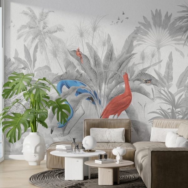 Siyah Beyaz Tonlarda Renkli Flamingo 3D Duvar Kağıdı