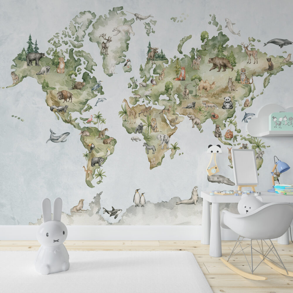 Turkuaz Zeminli Tropikal Hayvanlı Çocuk Haritalı 3D Duvar Kağıdı