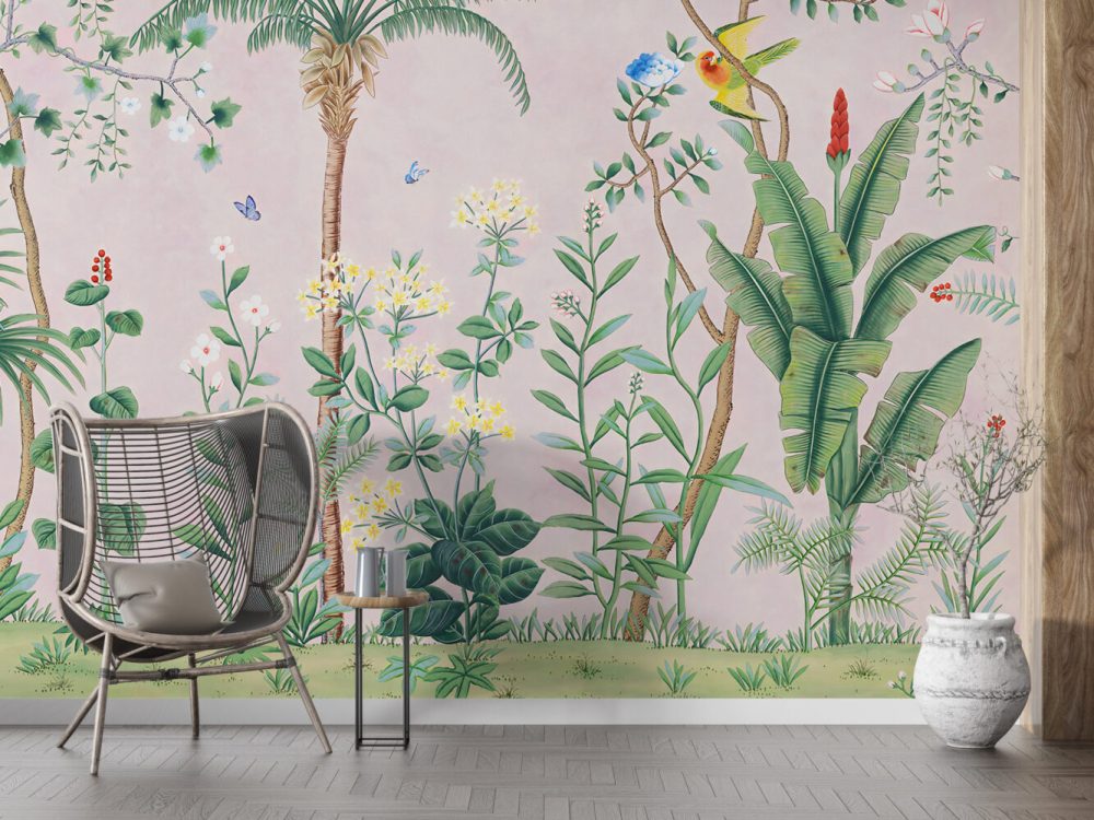 Pembe Zeminli Tropikal Orman Ve Çiçek Bahçesi Duvar Kağıdı