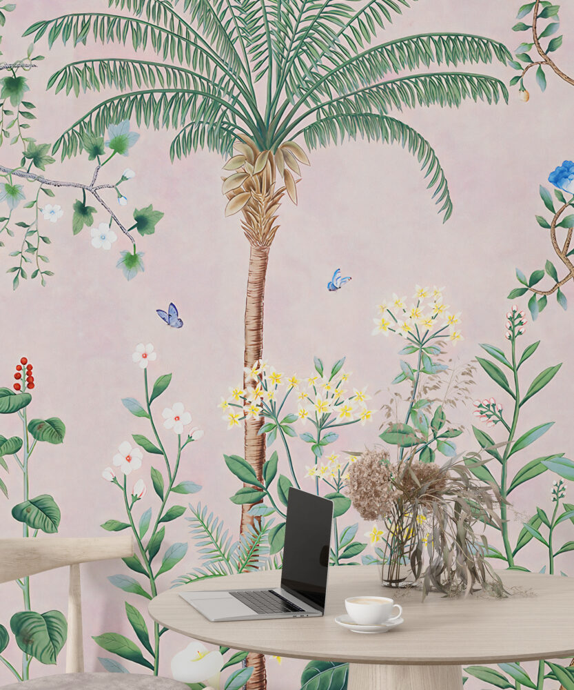 Pembe Zeminli Tropikal Orman Ve Çiçek Bahçesi Duvar Kağıdı