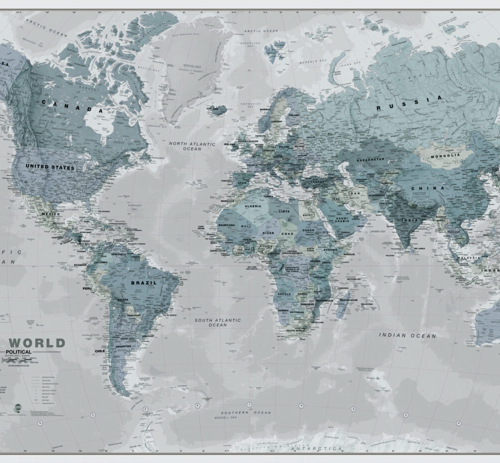 Mavi Tonlarda Ölçekli Dünya Haritası Desenli 3D Duvar Kağıdı