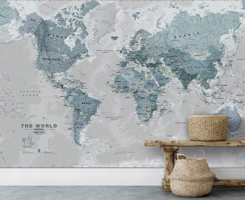Mavi Tonlarda Ölçekli Dünya Haritası Desenli 3D Duvar Kağıdı