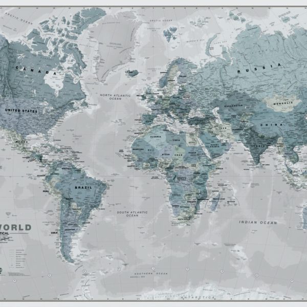 Mavi Tonlarda Ölçekli Dünya Haritası Desenli 3D Duvar Kağıdı