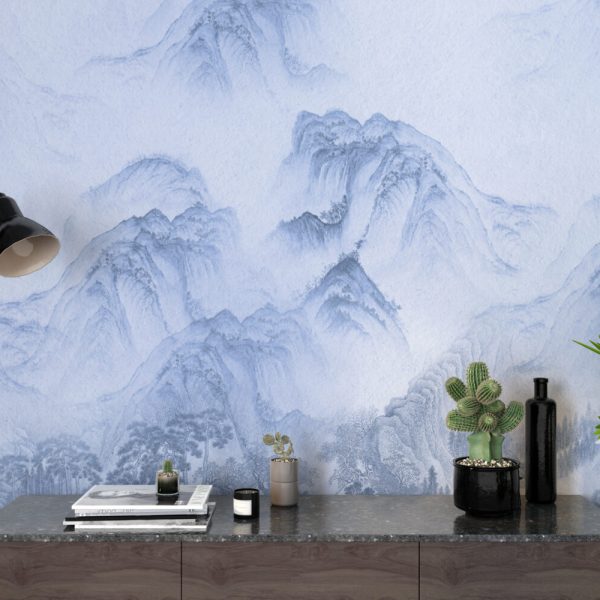 Mavi Tonlar'da Dağ Motifi Duvar Kağıdı