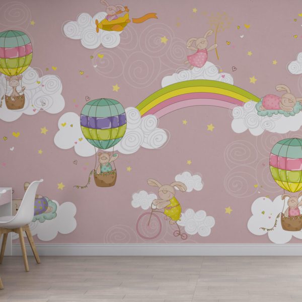 Pembe Zeminli Renkli Uçan Balonlar Duvar Kağıdı
