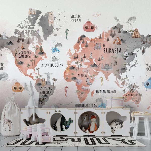 Sıcak ve Soğuk Hayvanlı Çocuk Haritası Duvar Kağıdı