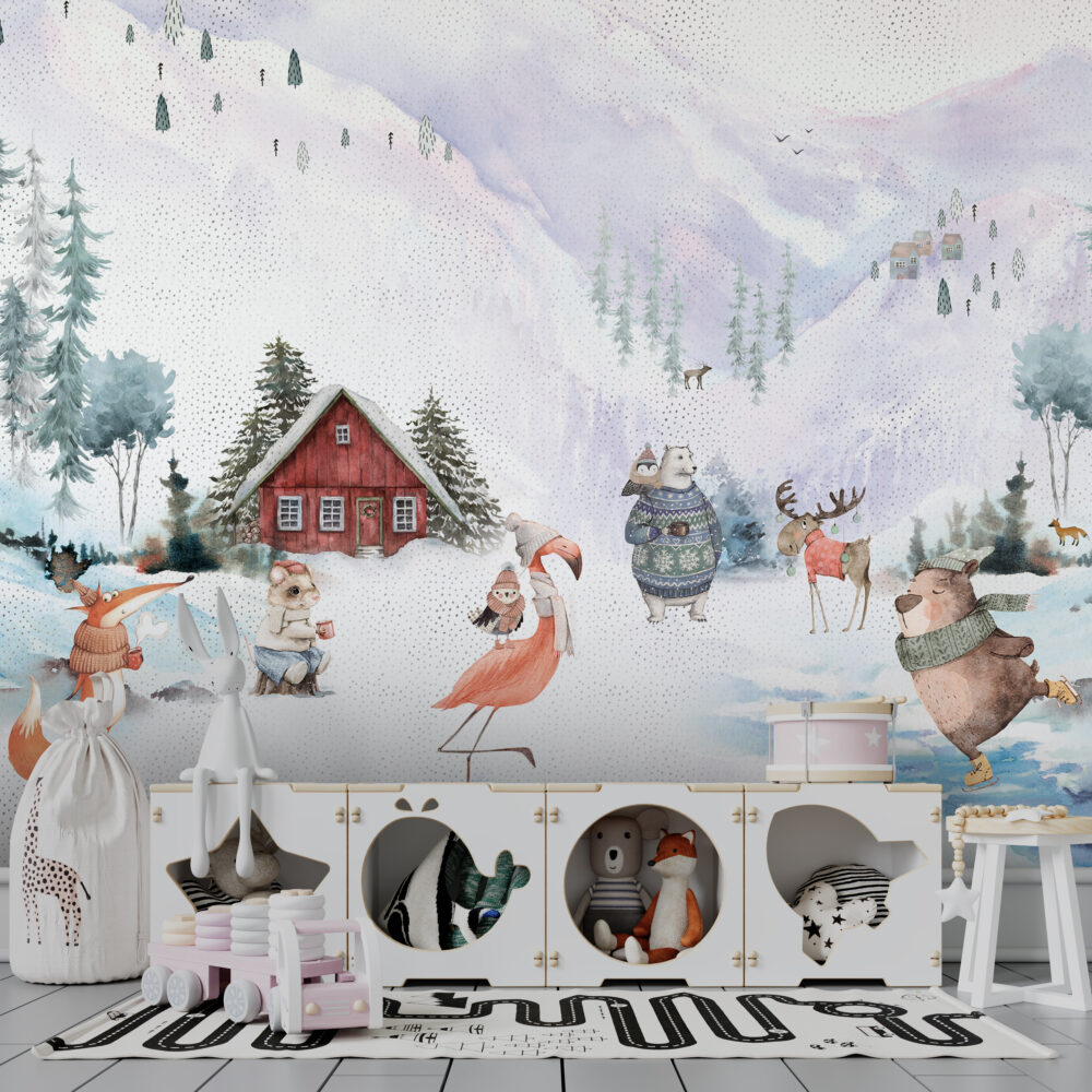 Kış Temalı Sevimli Hayvanlar Duvar Kağıdı