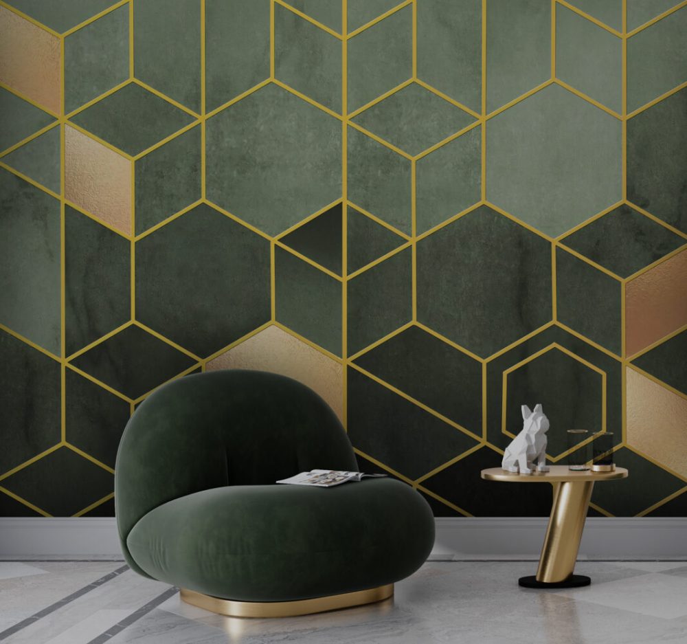 Modern Geometrik Desen Yeşil ve Altın Renginde Duvar Kağıdı