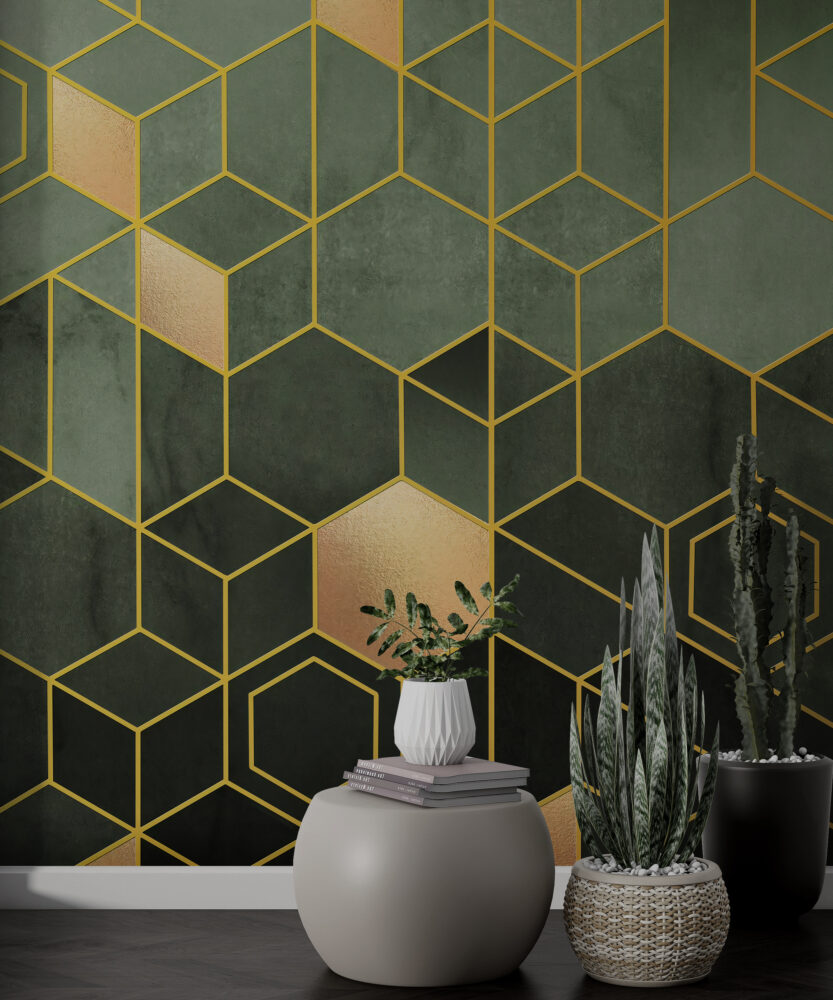 Modern Geometrik Desen Yeşil ve Altın Renginde Duvar Kağıdı