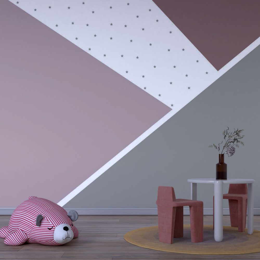 Soft Pembe ve Gri Tonlarda Yıldızlı Geometrik Desenli Duvar Kağıdı