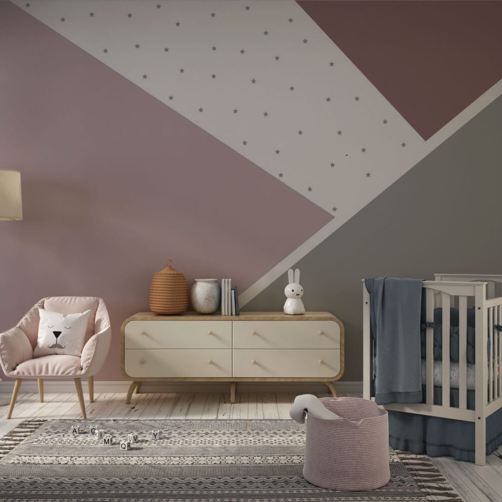 Soft Pembe ve Gri Tonlarda Yıldızlı Geometrik Desenli Duvar Kağıdı