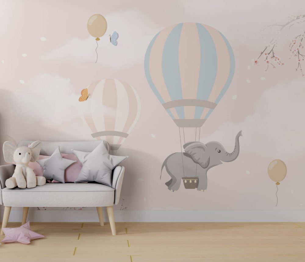 Balonlarla Uçan Fil Pembe Bulutlar Duvar Kağıdı