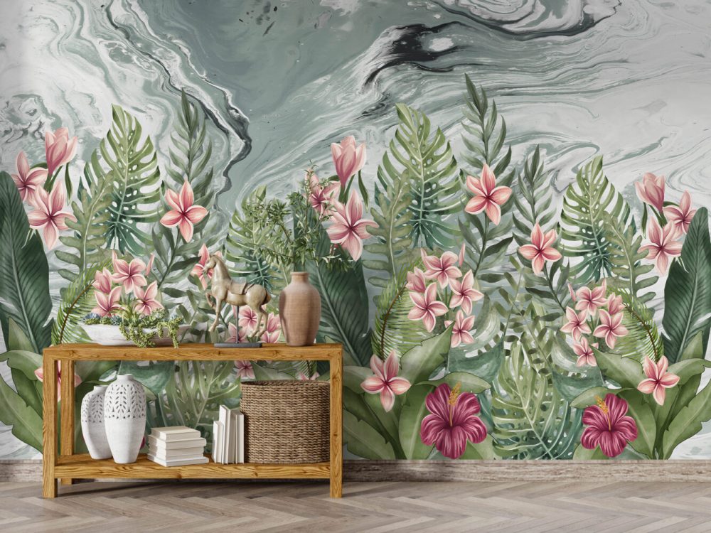 Tropikal Yapraklar ve Pembe Ful Çiçekler Duvar Kağıdı