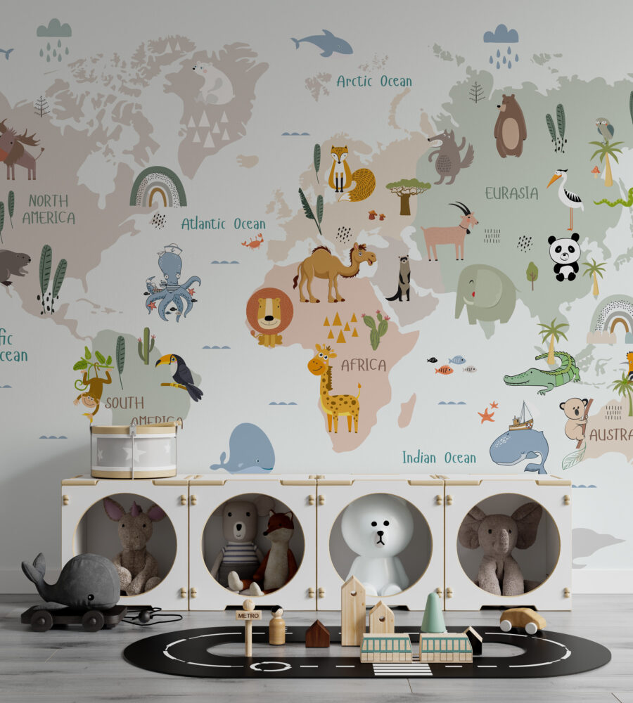 Dünya Haritası Minik Dost Hayvanlar Duvar Kağıdı