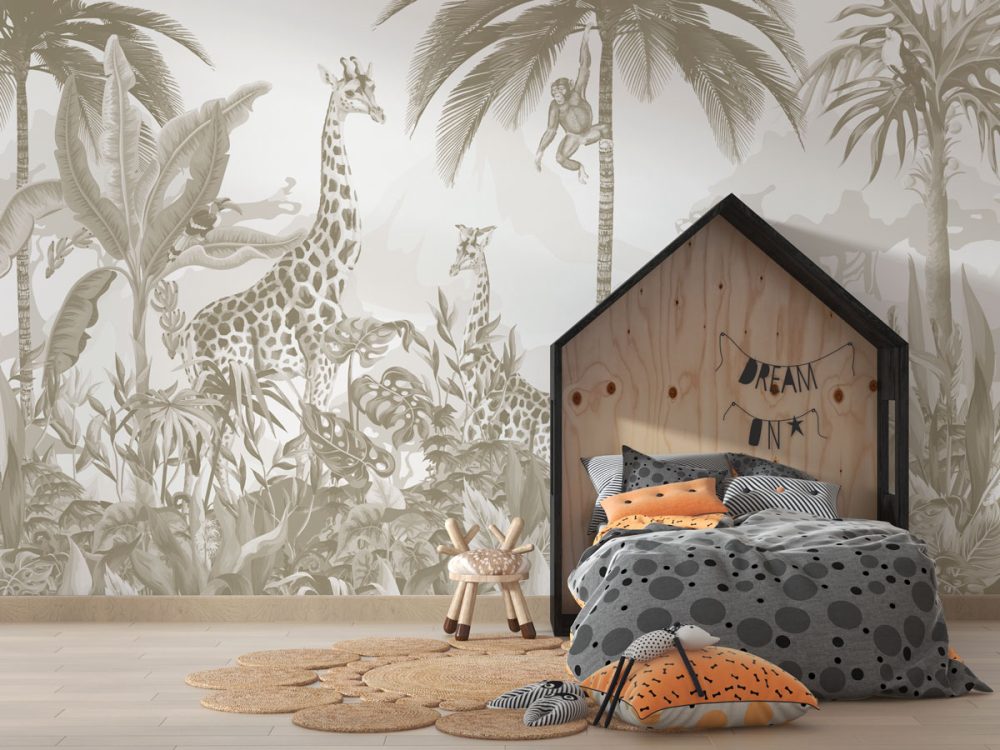 Tropikal Ormandaki Zürafa ve Maymun Gri Tonlarda Duvar Kağıdı