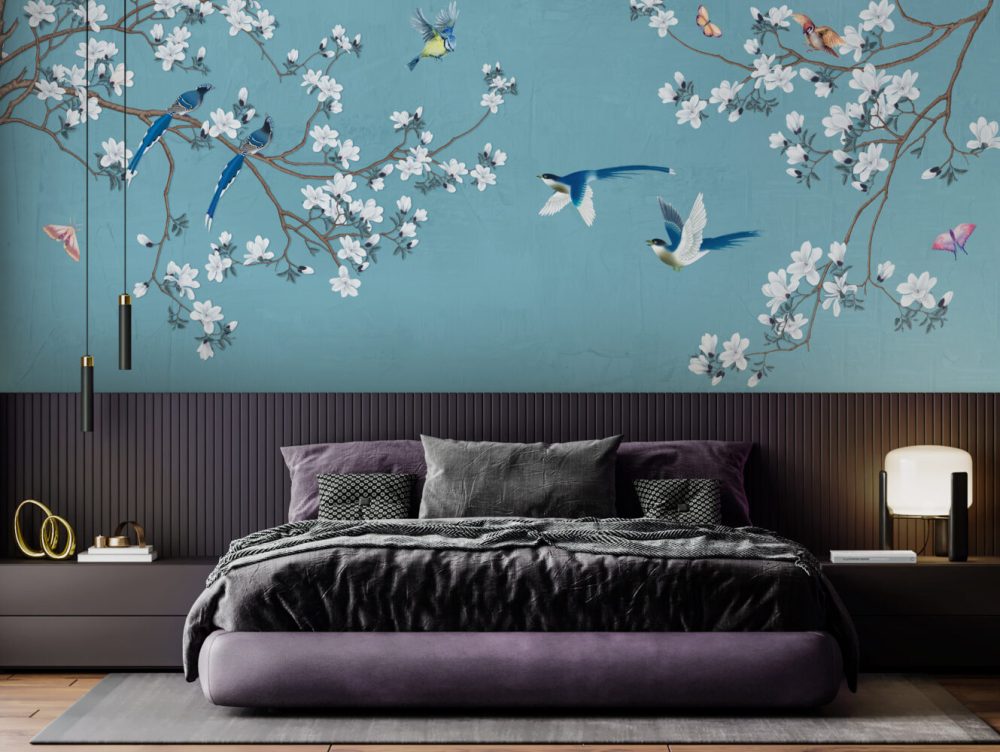 Bahar Çiçeklerinde Mavi Kuşlar Duvar Kağıdı