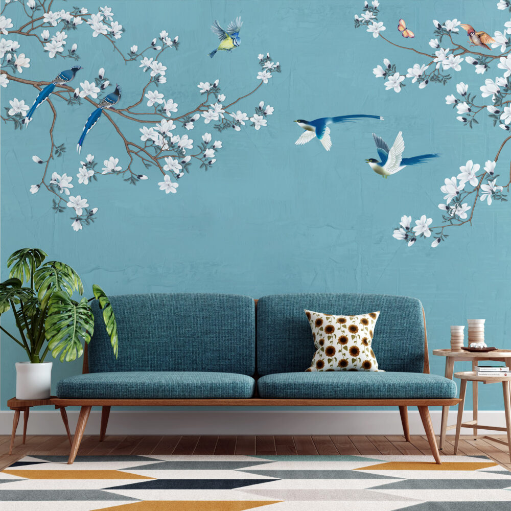 Bahar Çiçeklerinde Mavi Kuşlar Duvar Kağıdı