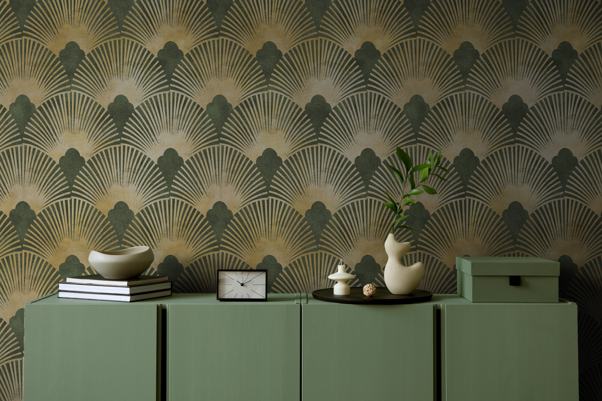 Yeşil ve Altın Rengi Geometrik Desenli Duvar Kağıdı Yeşil ve Altın Rengi Geometrik Desenli Duvar Kağıdı