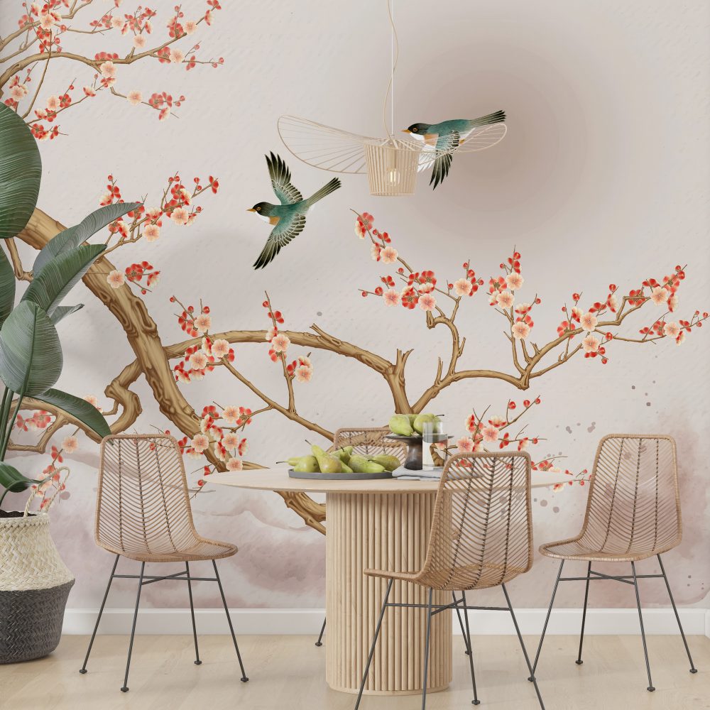 Sakura Ağacı ve Uçan Kuşlar Duvar Kağıdı