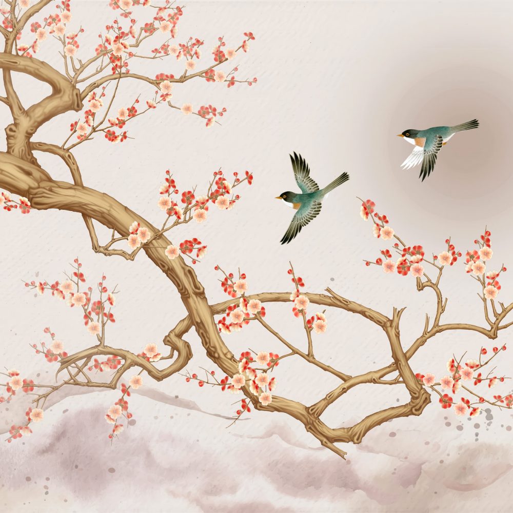 Sakura Ağacı ve Uçan Kuşlar Duvar Kağıdı