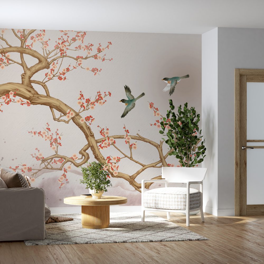 Sakura Ağacı ve Uçan Kuşlar Duvar Kağıdı