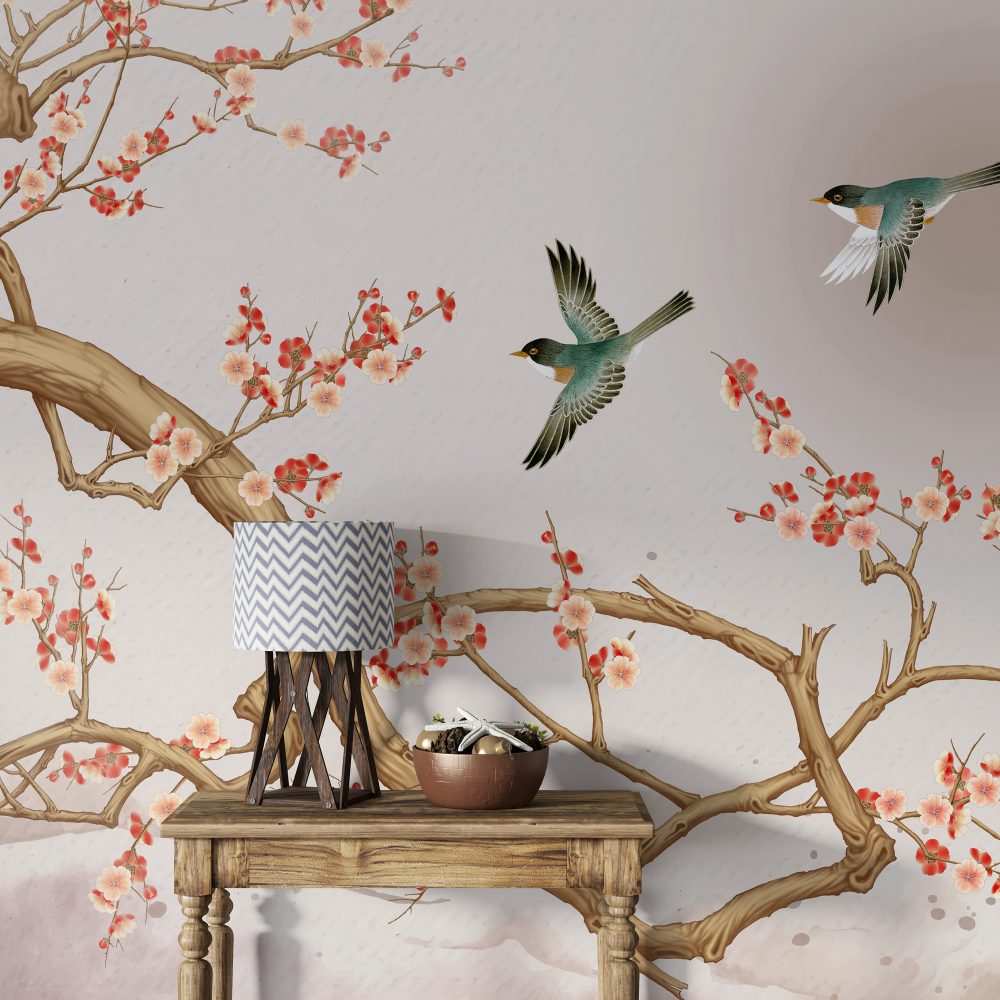 Sakura Ağacı ve Uçan Kuşlar Duvar Kağıdı