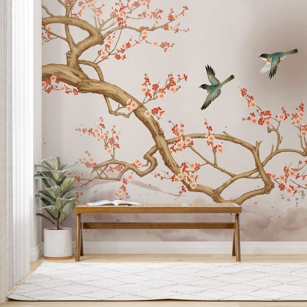 Sakura Ağacı ve Uçan Kuşlar Duvar Kağıdı